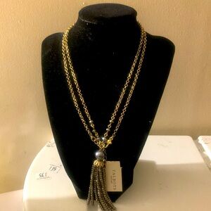 Talbots necklace, gold, gray, pearl and rhinestone beading 36 inches long